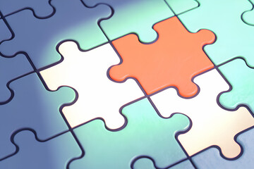 Kolorowe puzzle z wyróżniającym się pomarańczowym elementem – koncepcja dopasowania, strategii i rozwiązywania problemów