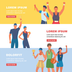 Naklejka premium sport champions. sportive characters holding award cups, golden medal, sport competition winners banners. vector cartoon horizontal banners.