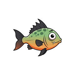 Cute cartoon piranha fish, vibrant green and orange aquatic creature, friendly smiling character, sharp teeth vector graphic