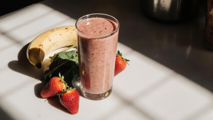 A vibrant smoothie glass, banana, strawberries, and greens on a white table, sunlit