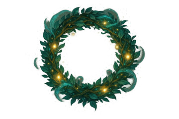 Magical glowing wreath with green leaves and golden light creating a fantasy circle frame on transparent background