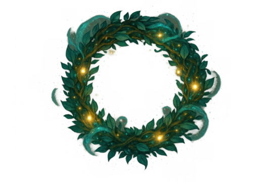 Magical glowing wreath with green leaves and golden light creating a fantasy circle frame on transparent background