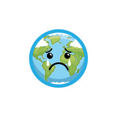 Sad Earth globe character, crying with tears, symbolizing environmental problems and global warming.