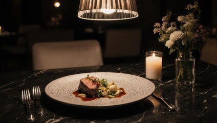 Elegant steak dish on marble, candlelit, with flowers. Moody lighting creates a sophisticated setting