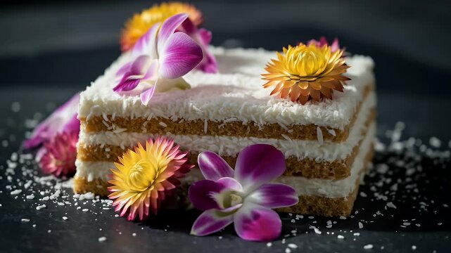 Vibrant Tropical Coconut Cake with Exotic Orchids and Strawflowers: Elegant Dessert Display