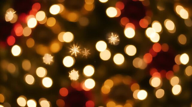 Soft focus background featuring glowing golden bokeh lights, interspersed with red circular ornaments and delicate snowflake shapes, creating a magical holiday atmosphere.