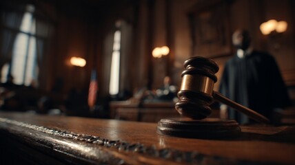 Obraz premium Gavel and judge in dimly lit courtroom. AI generated
