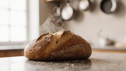 Freshly baked, steaming bread loaf on a kitchen countertop with pans in background