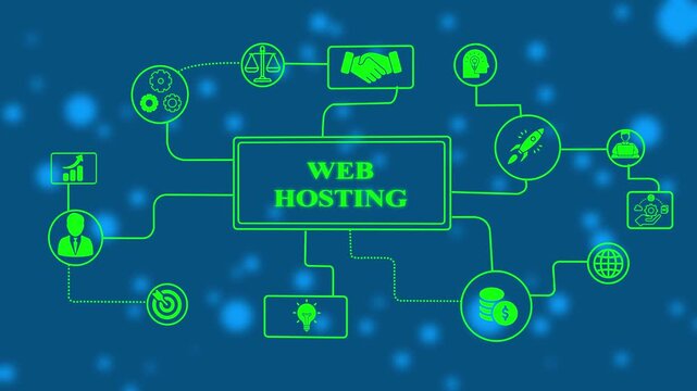 Web Hosting. The activity of providing storage space and access for websites. Business, modern technology, internet and networking concept-with Neon Green Line Icons with on a blue Background.