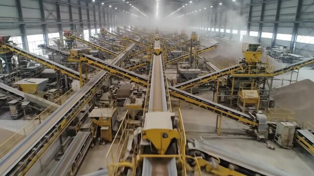 Industrial factory processing aggregate materials indoors