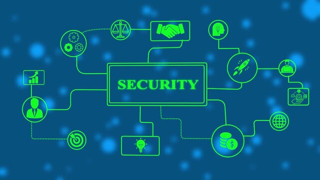 Cyber security data protection business technology privacy concept content planning advertising strategy concept-with Neon Green Line Icons with on a blue Background.