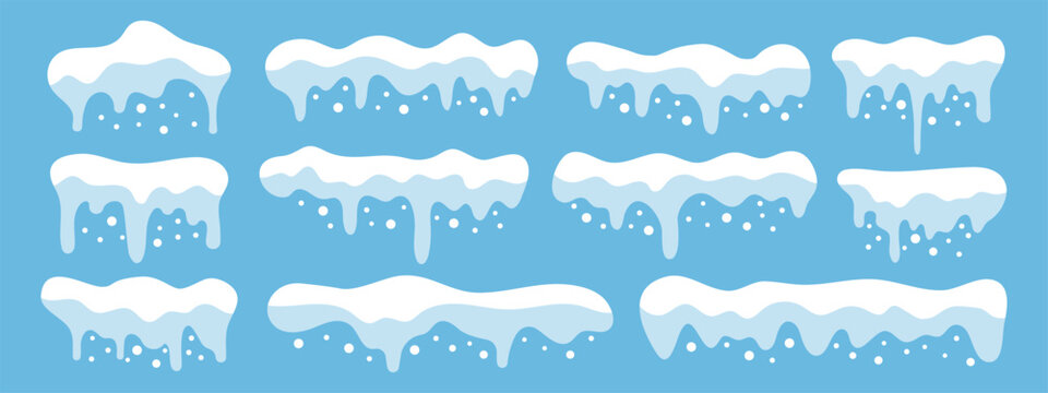 Set of cartoon snow caps and icicles. Set of various frozen snow and ice elements, perfect for decorating text box, or frames for a winter theme