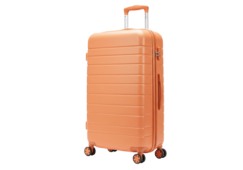Isolated coral-colored hard shell rolling suitcase, upright carry-on luggage for travel, tourism