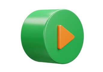 Isolated green 3D play button with orange triangle for streaming, game or online tutorial