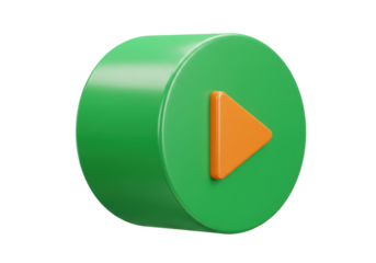 Isolated green 3D play button with orange triangle for streaming, game or online tutorial