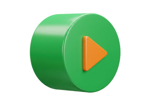 Isolated green 3D play button with orange triangle for streaming, game or online tutorial