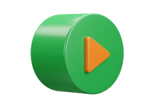 Isolated green 3D play button with orange triangle for streaming, game or online tutorial