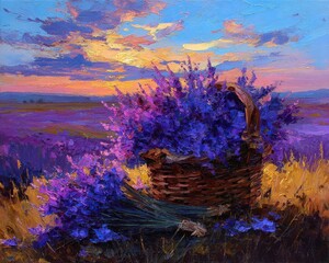 Lavender flowers - Sunset over a summer purple lavender field.