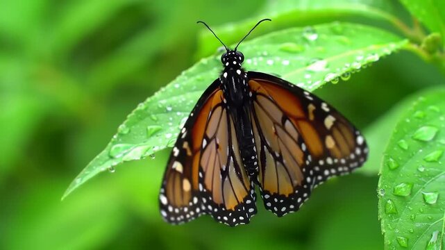 Extreme close-up of a vibrant Monarch butterfly with intricate wing patterns, resting on a green leaf covered in morning dew droplets
