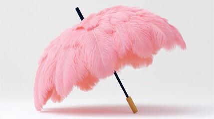 A pink umbrella with feathers on it. The umbrella is open and the feathers are spread out. The image has a whimsical and playful mood