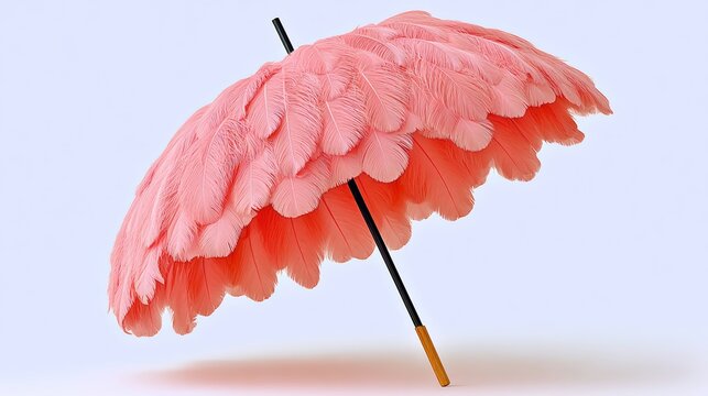 A pink umbrella with a black handle. The umbrella is open and has a feathery design. The image has a whimsical and playful mood