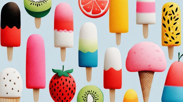 A colorful array of ice cream and fruit popsicles. The popsicles are made to look like real fruit, such as strawberries, kiwis, and oranges. Concept of fun and playfulness