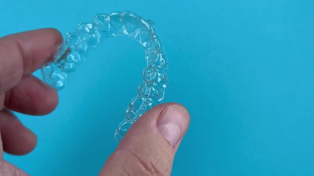 The doctor holds in his hand transparent aligners plastic braces retainers for straightening teeth on a blue background