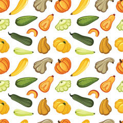 cartoon pumpkins pattern. different shaped pumpkins, autumn farm festive harvest vegetables. vector cartoon seamless pattern