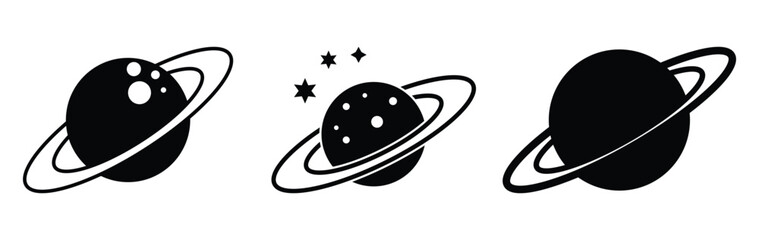 Minimalist black and white planet illustrations with rings and stars, stylized Saturn-inspired celestial icons for space-themed design