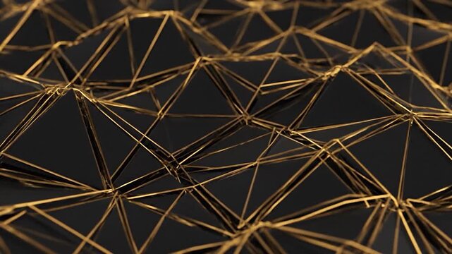 Abstract black polygons with gold outline shimmer slightly, close angle