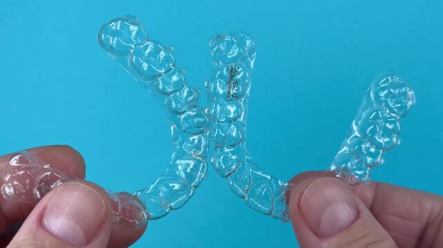 The doctor holds in his hand transparent aligners plastic braces retainers for straightening teeth on a blue background