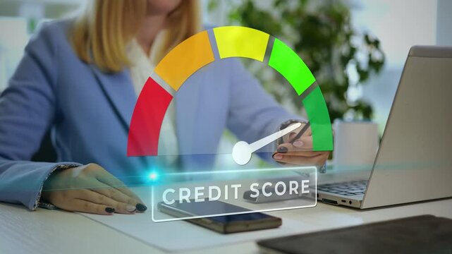 A Lady is Sitting at Her Desk With a Digital Overlay Showing a Credit Score Gauge Pointing to Excellent, Representing Great Financial Standing - Close Up