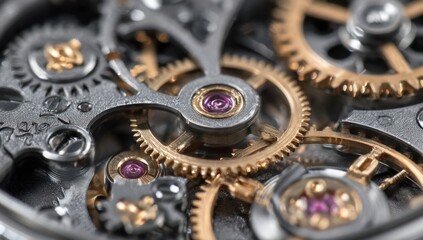 Close-up of intricate mechanical watch movement with gears and purple jewels
