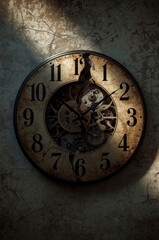 A dramatically lit, antique-style wall clock hangs on a deeply textured, cracked wall, creating a powerful sense of history and decay. The aged clock face is prominently fractured, revealing an intric