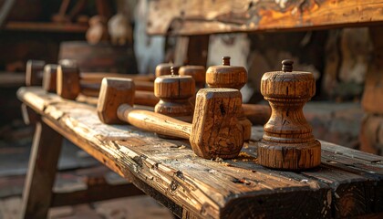 Row of wooden mallets on a weathered wooden bench in an outdoor workshop setting