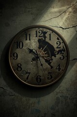 A dramatically lit, severely broken wall clock hangs prominently on a cracked, textured wall. Its shattered face, revealing intricate internal gears, powerfully symbolizes the relentless passage of ti