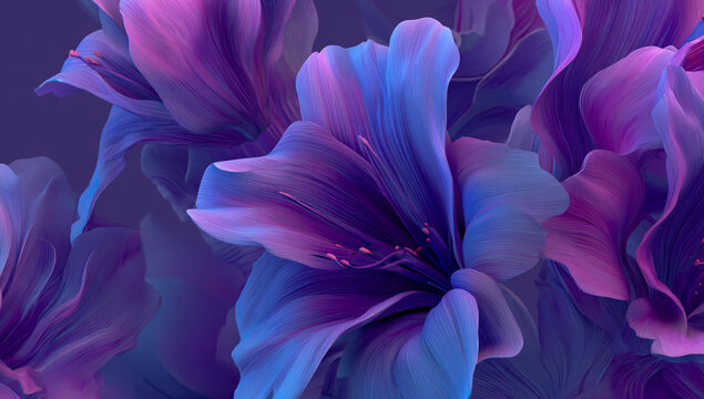 Close up abstract macro photography of vibrant purple and blue flowers with soft lighting