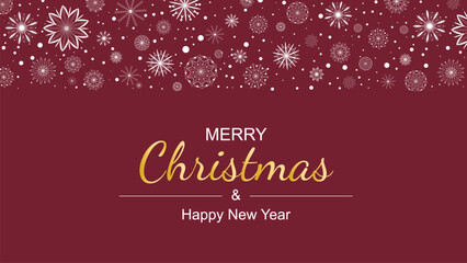 Merry Christmas and New Year banner. Festive horizontal layout with greeting text and snowflakes. Red festive template with gold decor, vector graphics