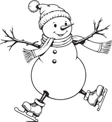 Cute Festive Snowman Ice Skating with Outstretched Arms Wearing Winter Scarf and Hat Illustration