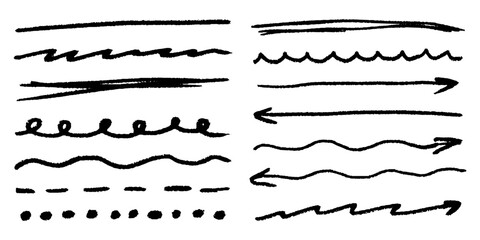 Hand drawn crayon arrows with chalk swirls, messy sketch underlines, scribble direction marks and vintage grunge texture.