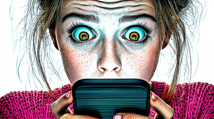 驚きの表情でスマートフォンを見つめる女性