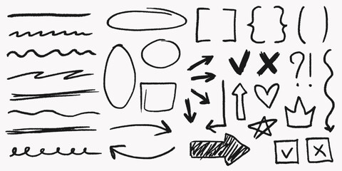 Scribbles and scrawls with rough grain, funky crowns and stars, curly pencil lines, abstract shapes, chaotic doodles, playful strokes and gritty texture.