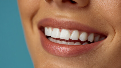 Close up of a woman s perfectly white teeth and smiling lips against a blue background
