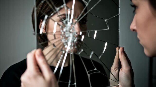 Young woman stands before cracked mirror, the complexities of mental health and depression, emphasizing the emotional weight of self-image and inner turmoil	