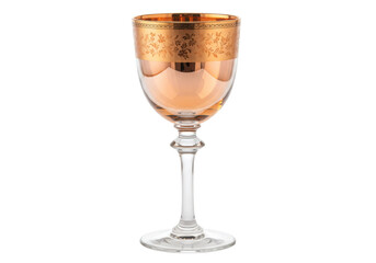 Isolated elegant crystal wine glass with gold ornate design for luxury drinkware collection