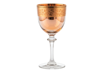 Isolated elegant crystal wine glass with gold ornate design for luxury drinkware collection