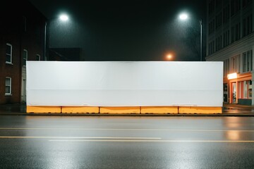Construction site barrier covered with white material, illuminated by street lights at night, wet pavement