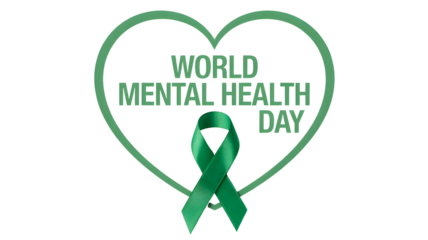 Green ribbon and heart shape with world mental health day text promoting awareness and support for mental well being isolated on transparent background