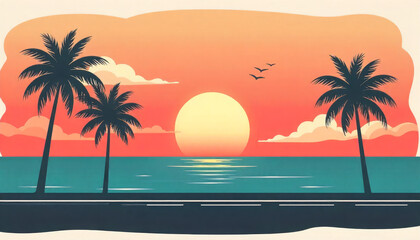 Obraz premium Serene Sunset Scene Palm Trees Silhouetted Against a Vibrant Orange Sky Over Calm Ocean Waters