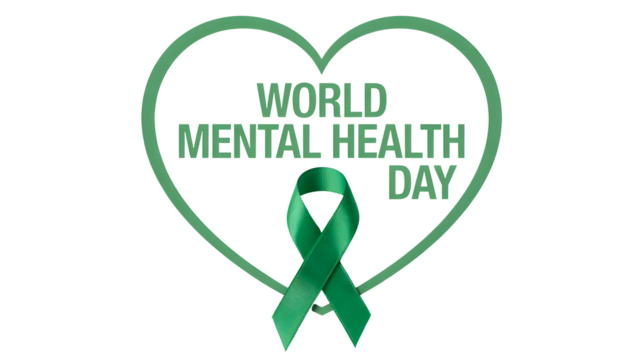 Green ribbon and heart shape with world mental health day text promoting awareness and support for mental well being isolated on transparent background